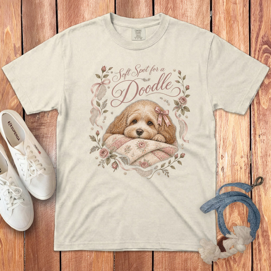 Cream t-shirt with watercolor doodle dog graphic and "Soft Spot for a Doodle" text.