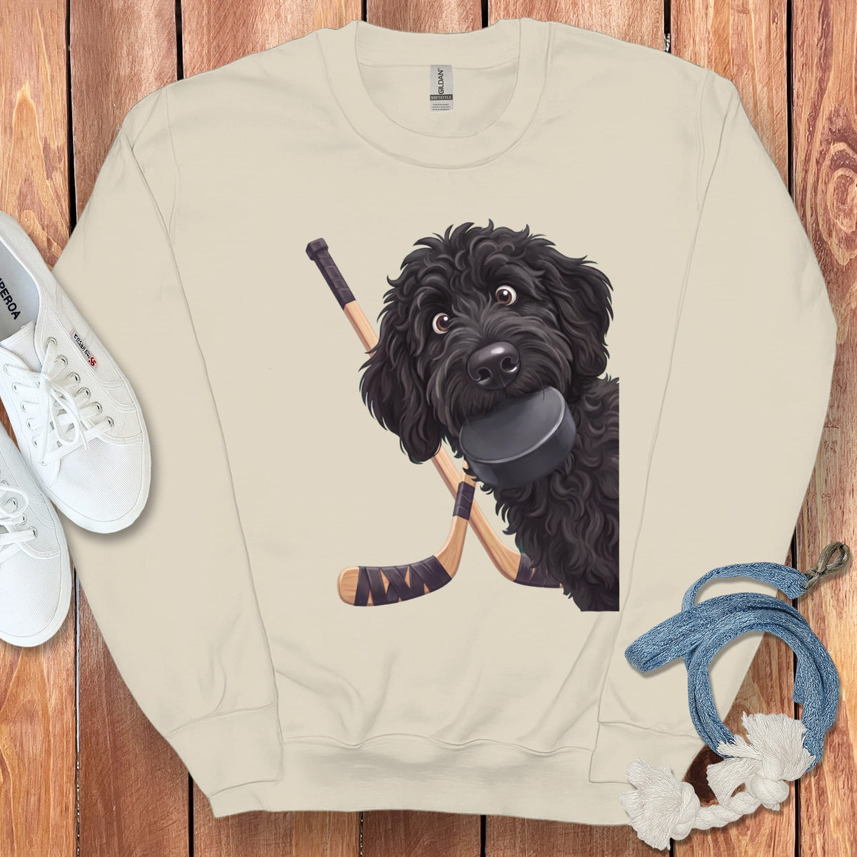 Black Goldendoodle Hockey Sweatshirt in Sand / S by Puppy Jo