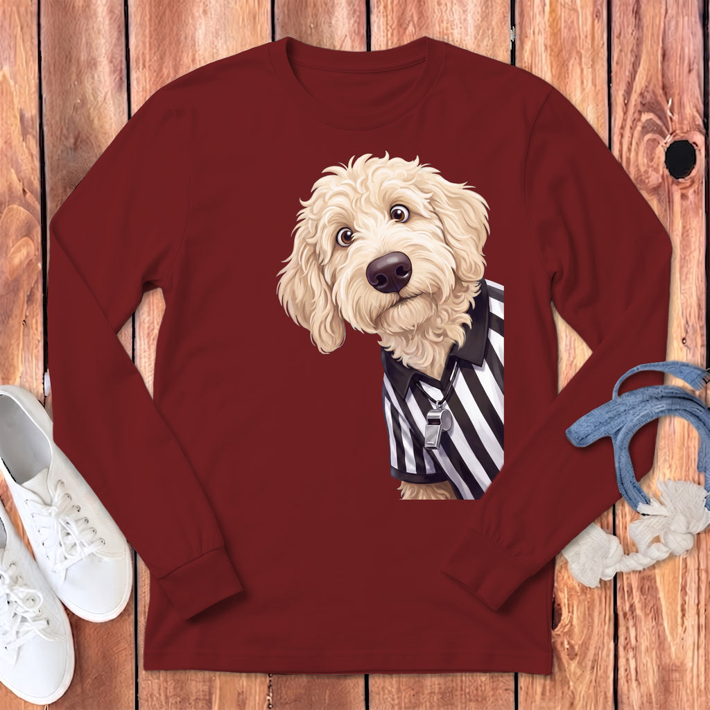 Maroon long-sleeve shirt with a graphic of a fluffy dog wearing a referee uniform and whistle.