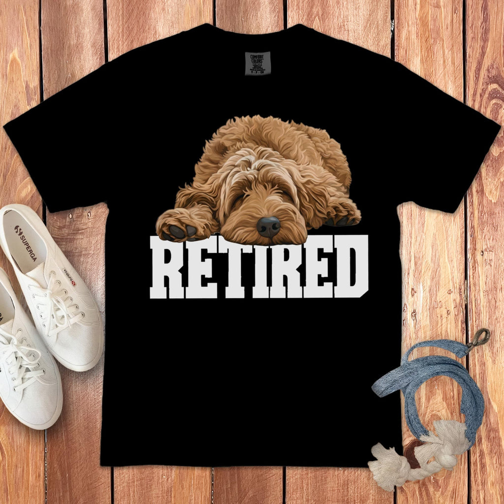 Retired Sleeping Apricot Goldendoodle Signature T-Shirt in Black / S by Puppy Jo
