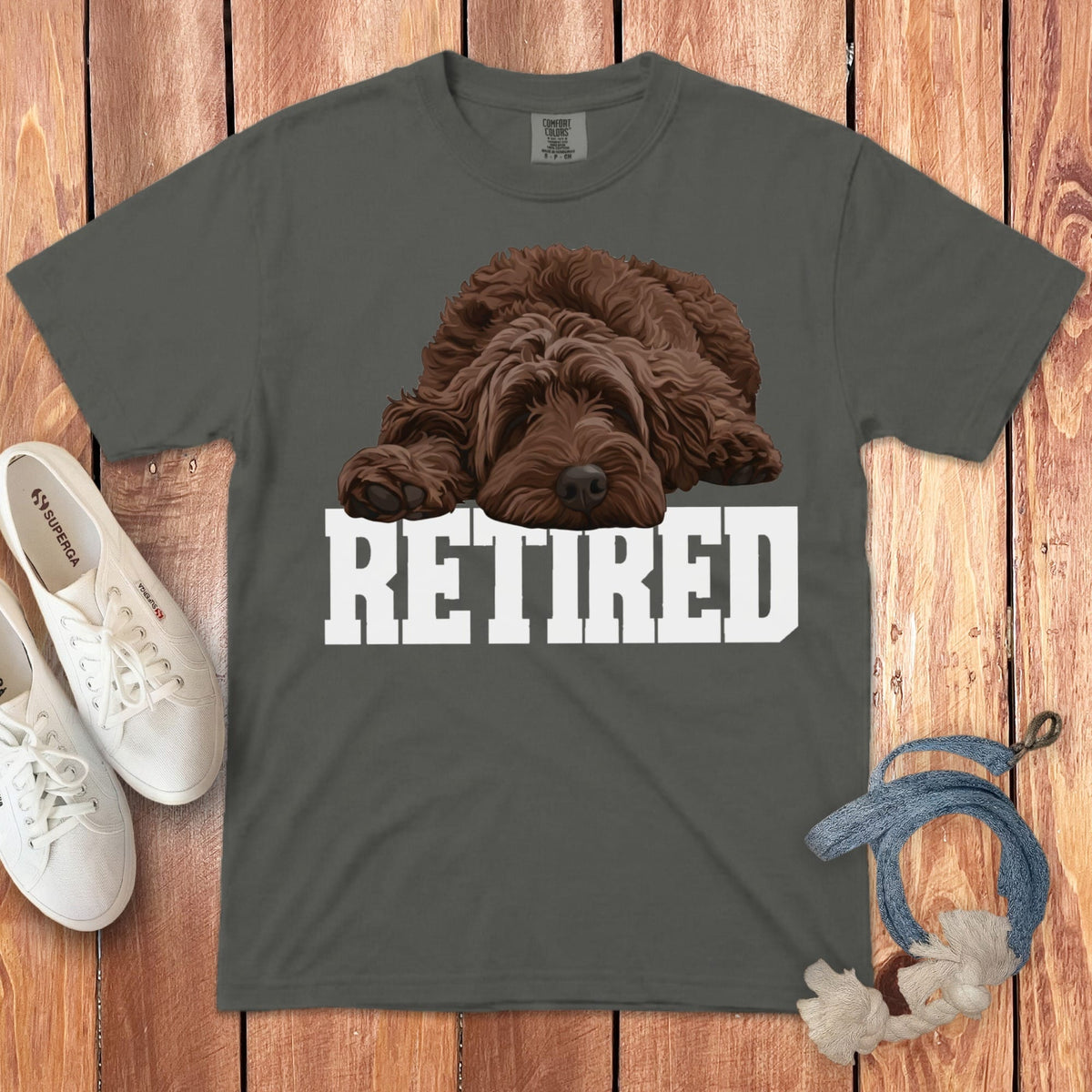 Retired Sleeping Chocolate Goldendoodle Signature T-Shirt in Pepper / S by Puppy Jo