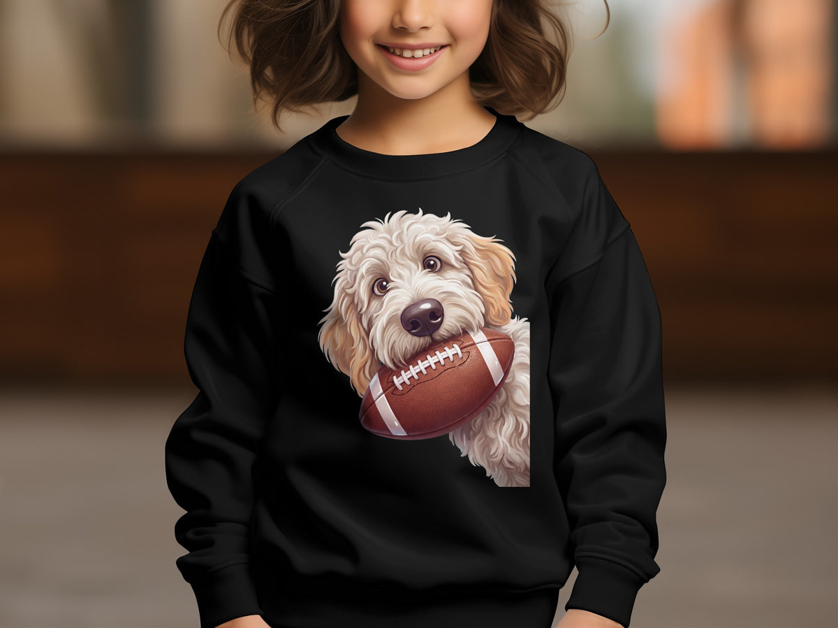 Black sweatshirt with a cartoon doodle dog holding a football.