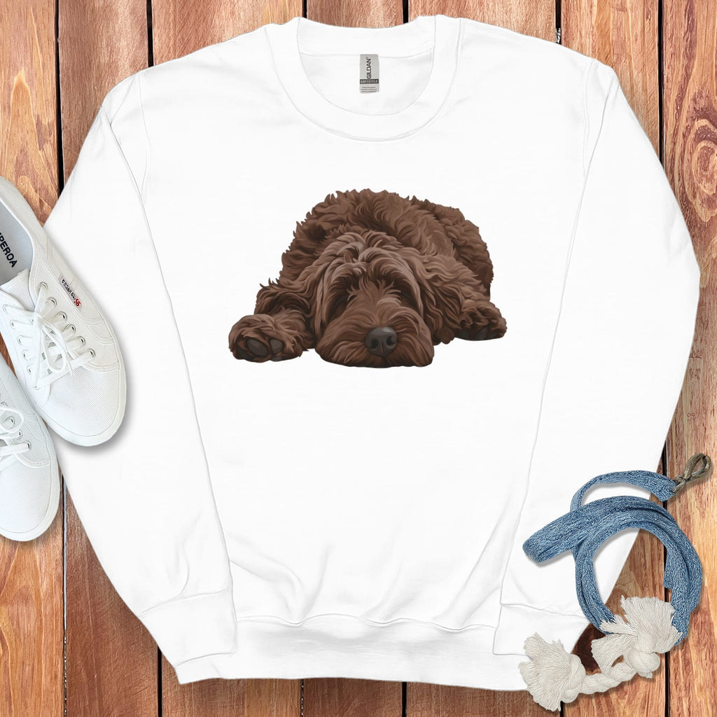 Chocolate Goldendoodle Snoozing Sweatshirt in White / S by Puppy Jo