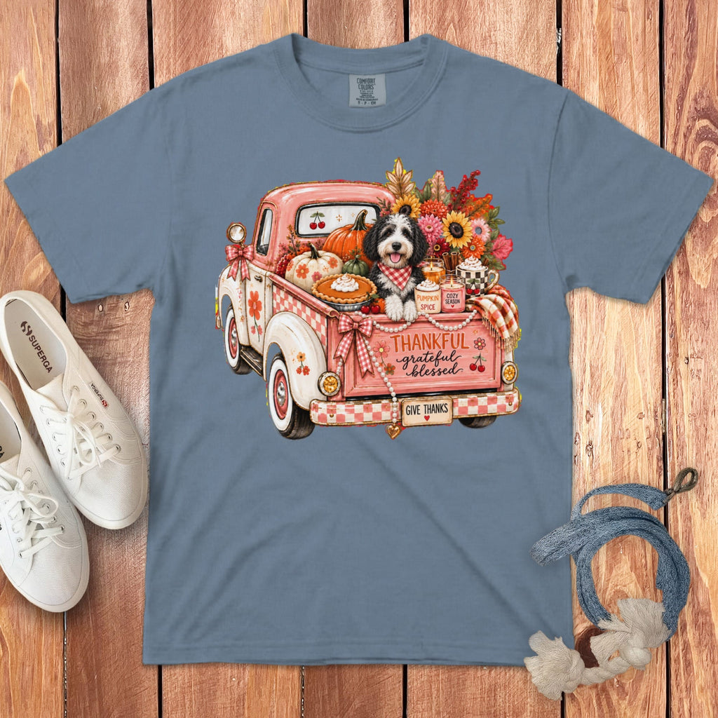 Sheepadoodle Fall Truck Signature T-Shirt in Blue Jean / S by Puppy Jo