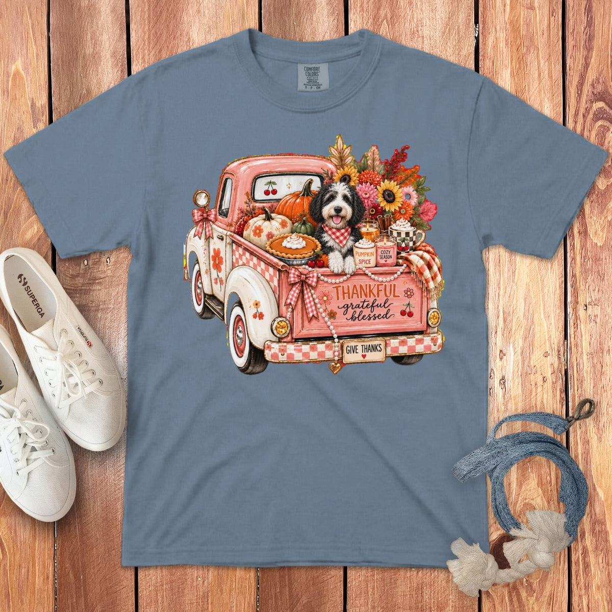 Sheepadoodle Fall Truck Signature T-Shirt in Blue Jean / S by Puppy Jo