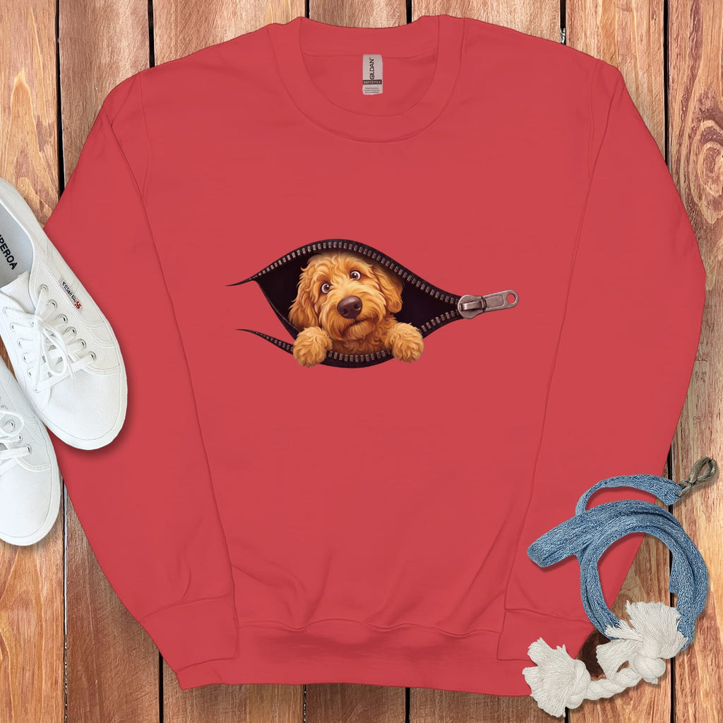 Golden Goldendoodle Peeking Zipper Sweatshirt in Red / S by Puppy Jo