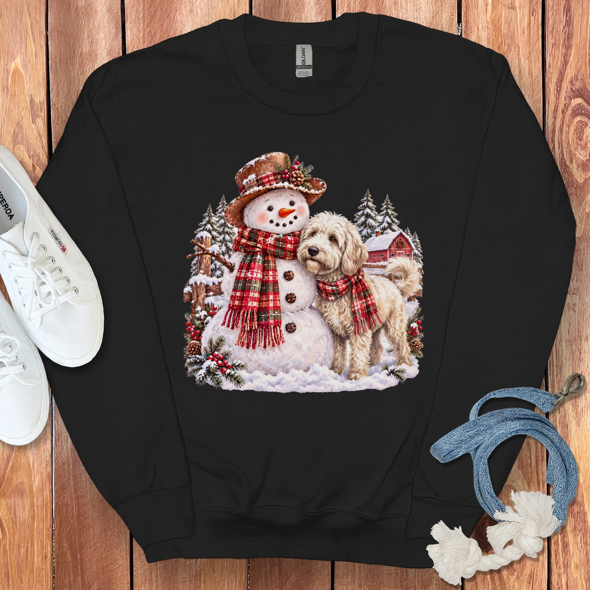 Maltipoo Christmas Snowman Sweatshirt in Black / S by Puppy Jo