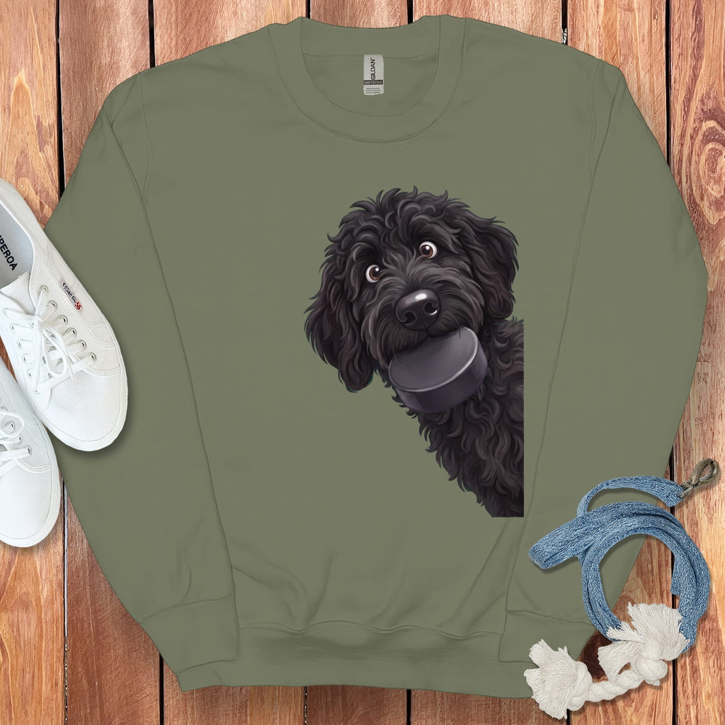 Black Goldendoodle Hockey Puck Sweatshirt in Military Green / S by Puppy Jo