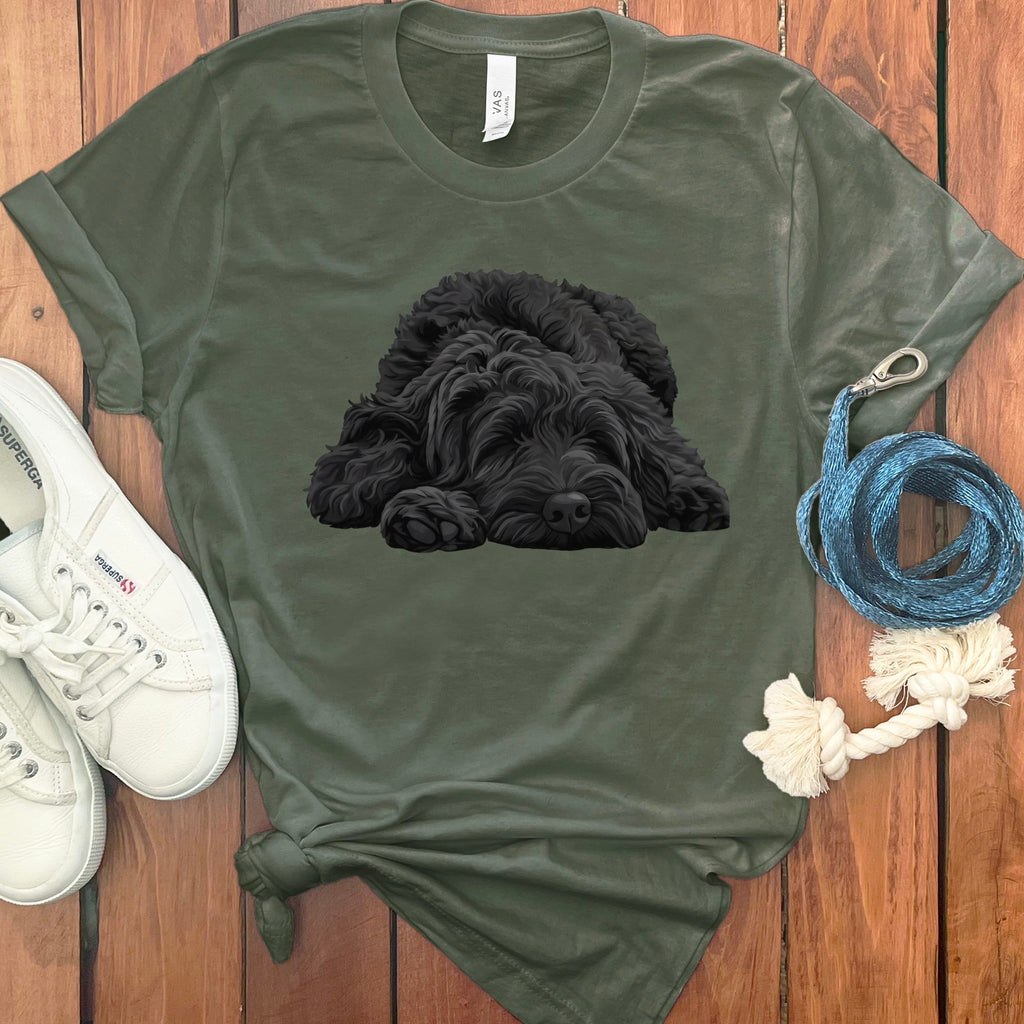 Black Goldendoodle Snoozing T-Shirt in Military Green / S by Puppy Jo