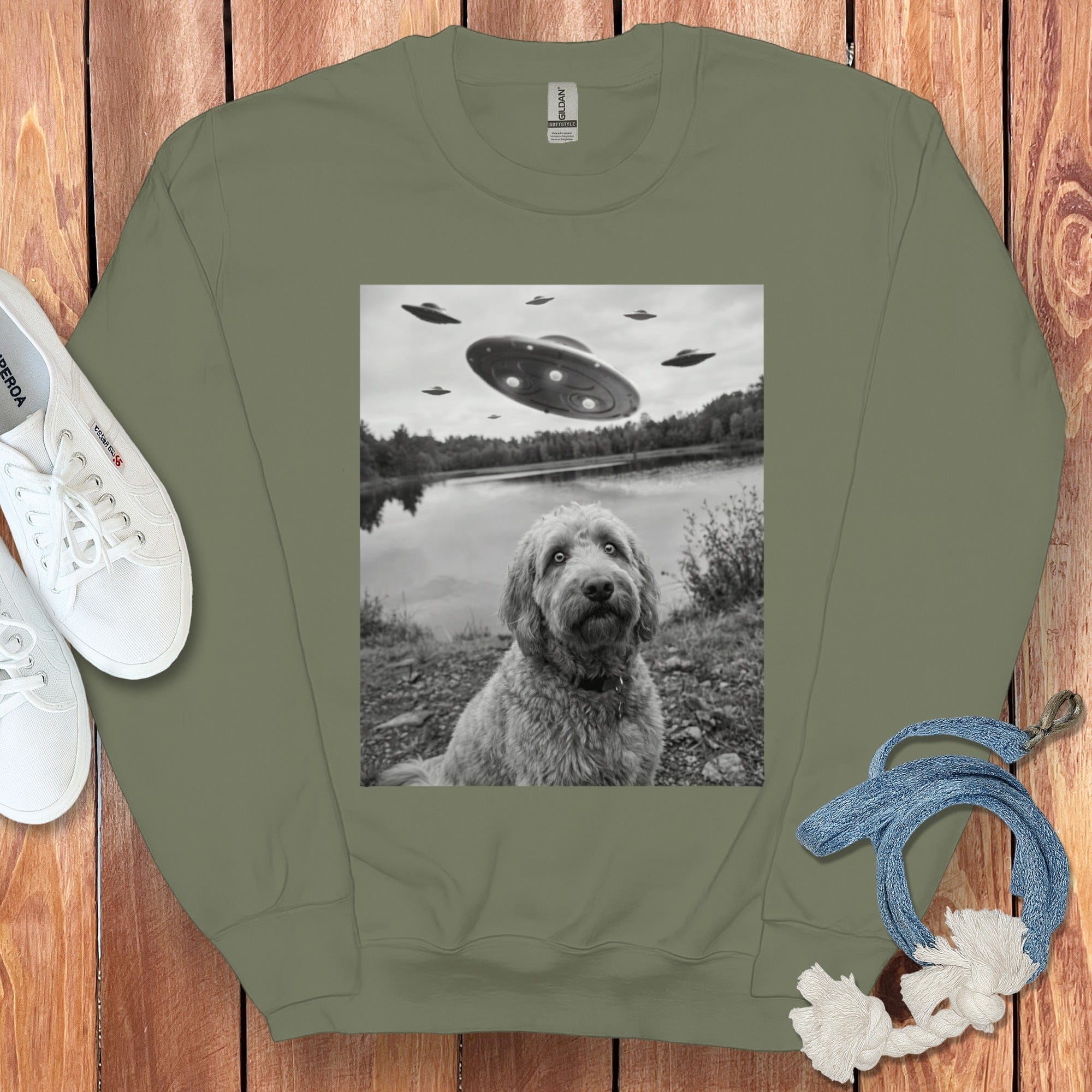 UFOs Hovering Over Dog By The Lake Sweatshirt