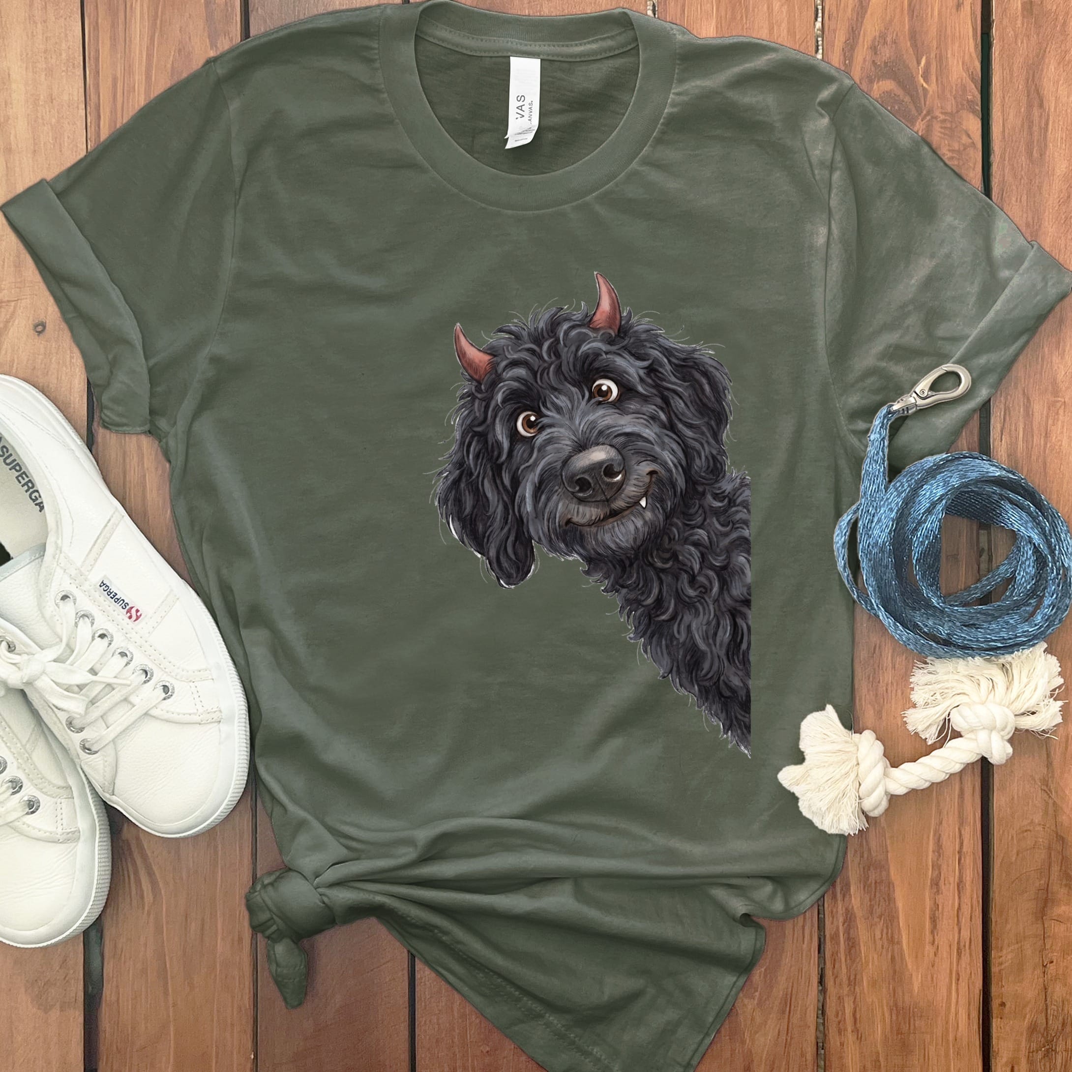 Devil Black Goldendoodle T-Shirt in S / Military Green by Puppy Jo