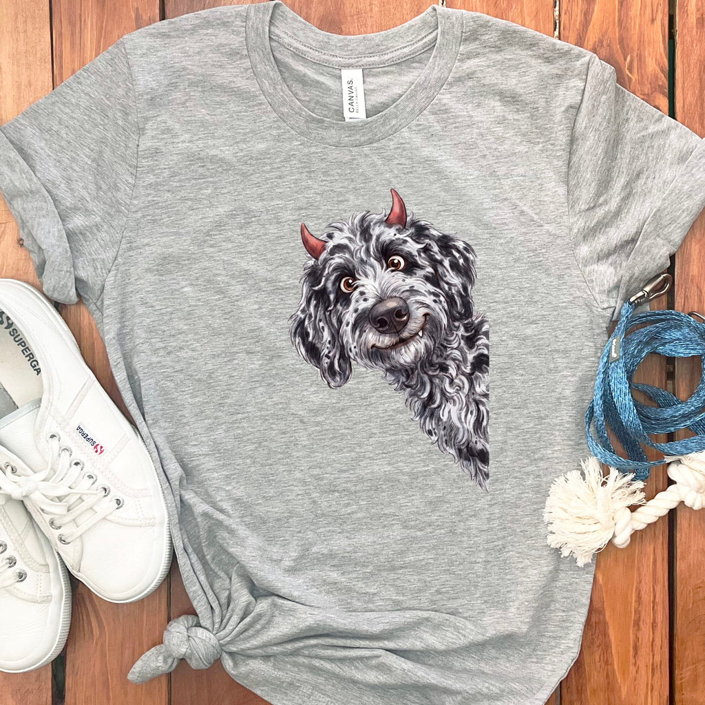 Devil Merle Goldendoodle T-Shirt in Athletic Heather / S by Puppy Jo