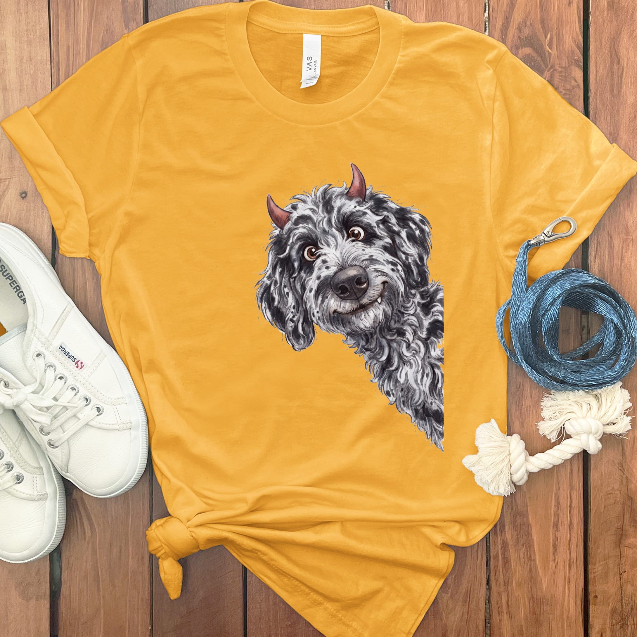 Devil Merle Goldendoodle T-Shirt in Gold / S by Puppy Jo