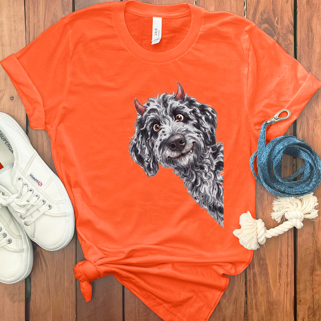 Devil Merle Goldendoodle T-Shirt in Orange / S by Puppy Jo