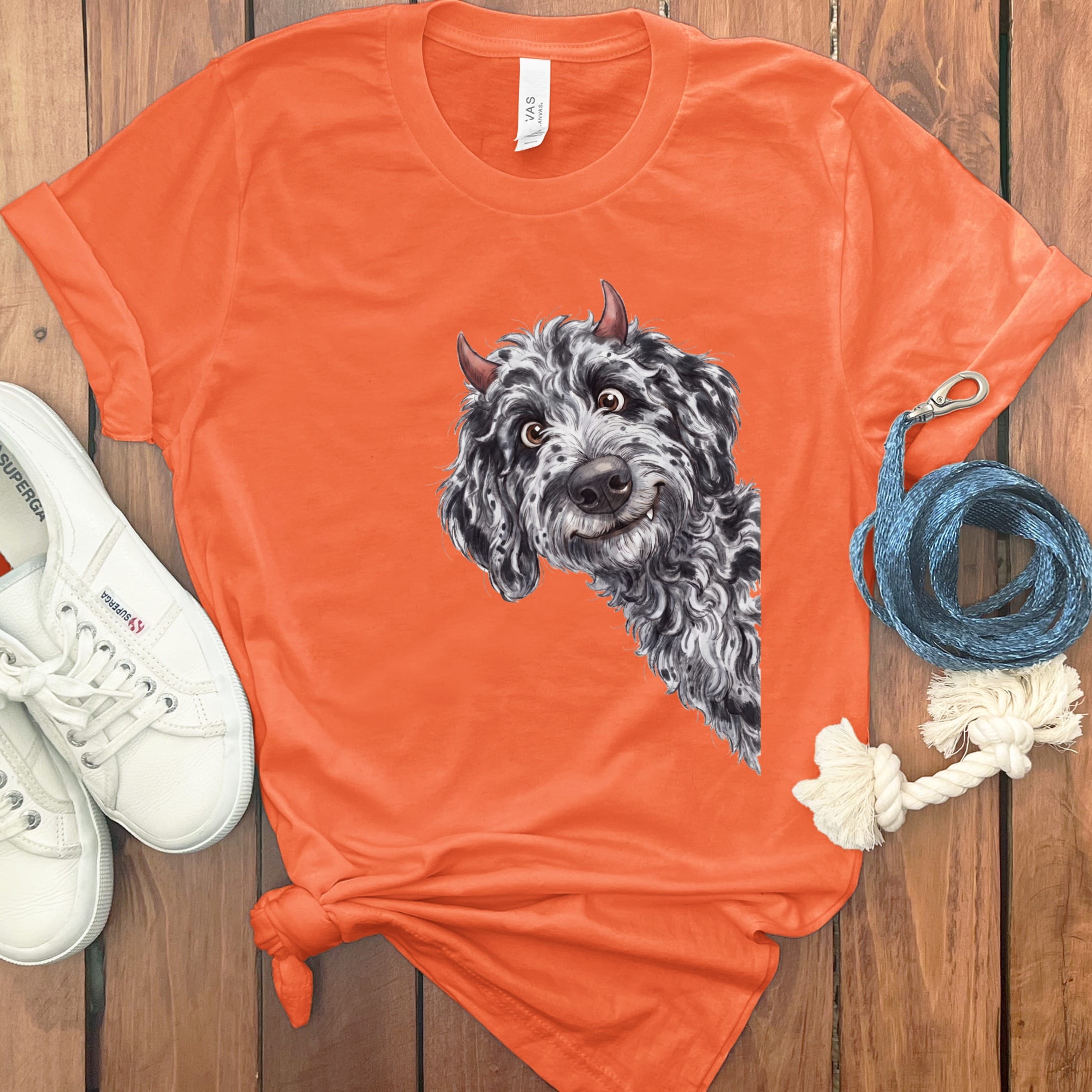 Devil Merle Goldendoodle T-Shirt in Orange / S by Puppy Jo
