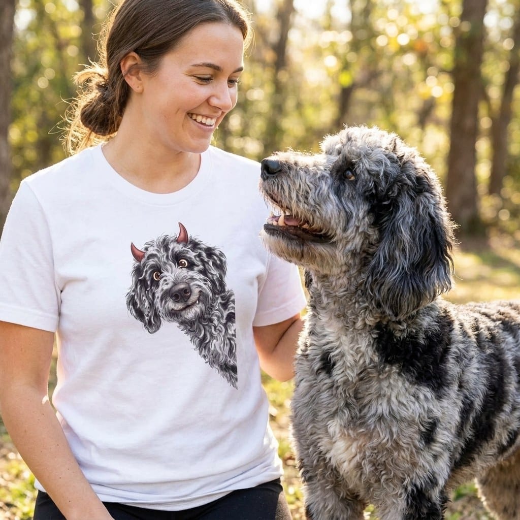 Devil Merle Goldendoodle T-Shirt in by Puppy Jo