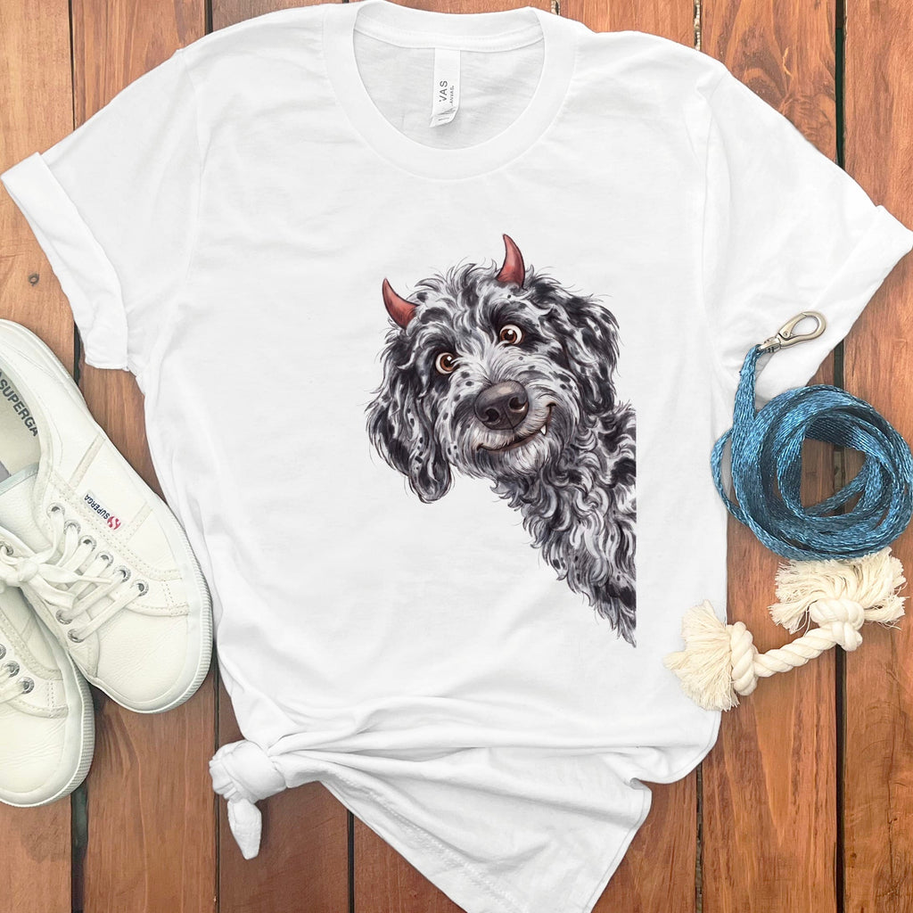 Devil Merle Goldendoodle T-Shirt in White / S by Puppy Jo