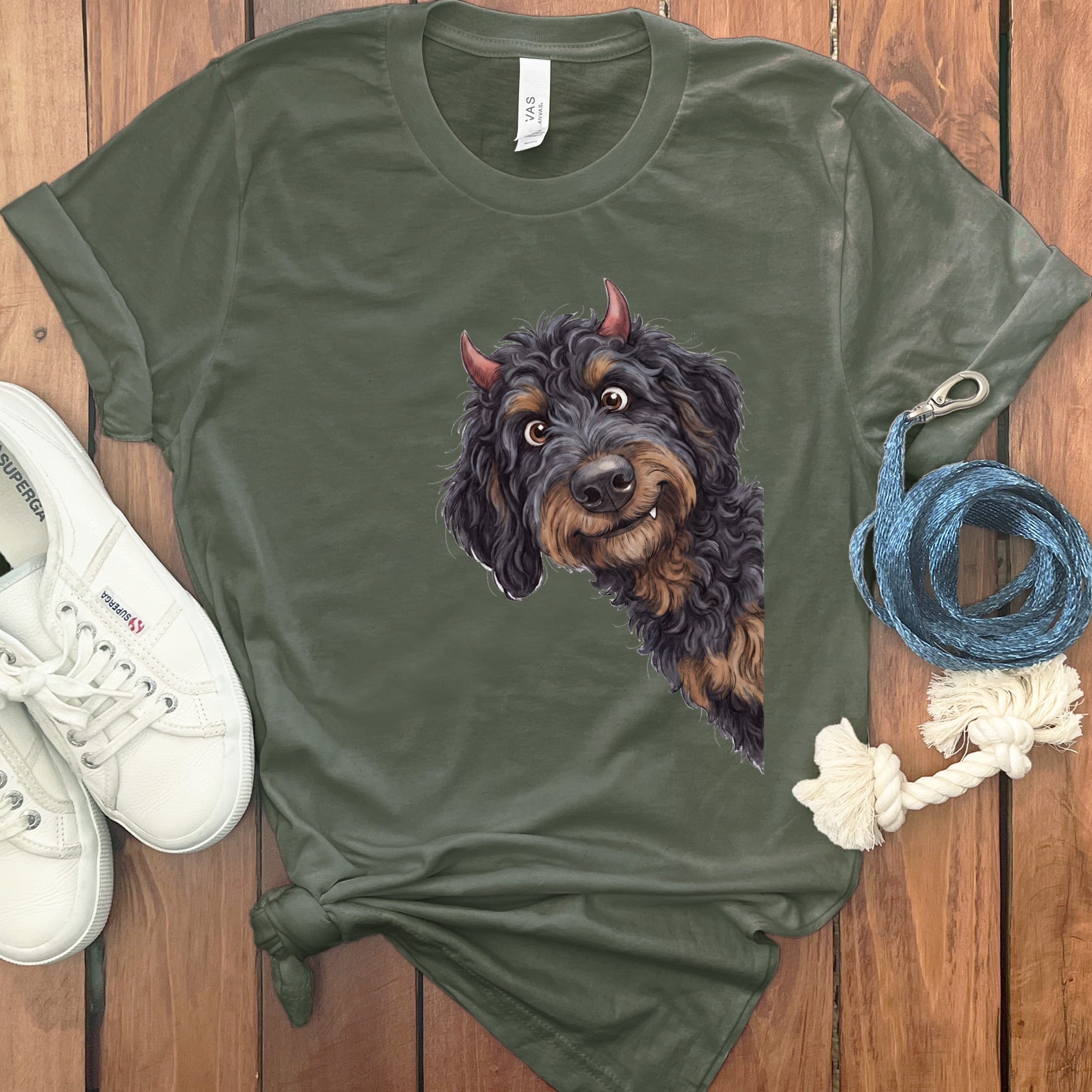 Devil Phantom Goldendoodle T-Shirt in Military Green / S by Puppy Jo