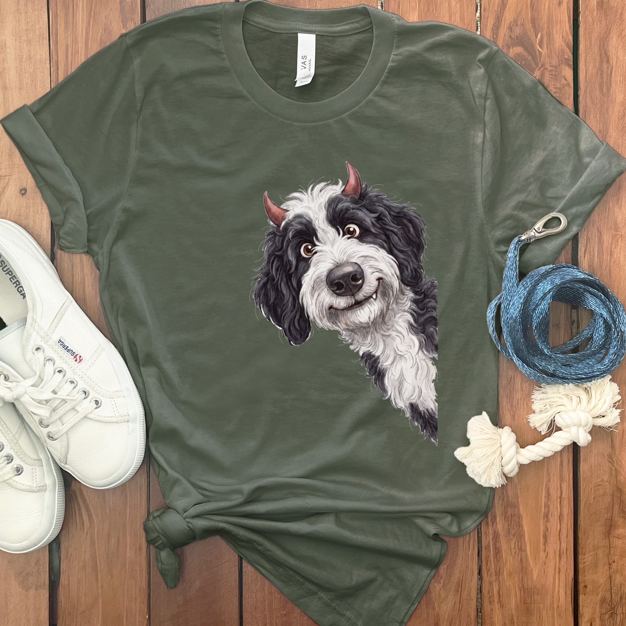 Devil Sheepadoodle T-Shirt in Military Green / S by Puppy Jo
