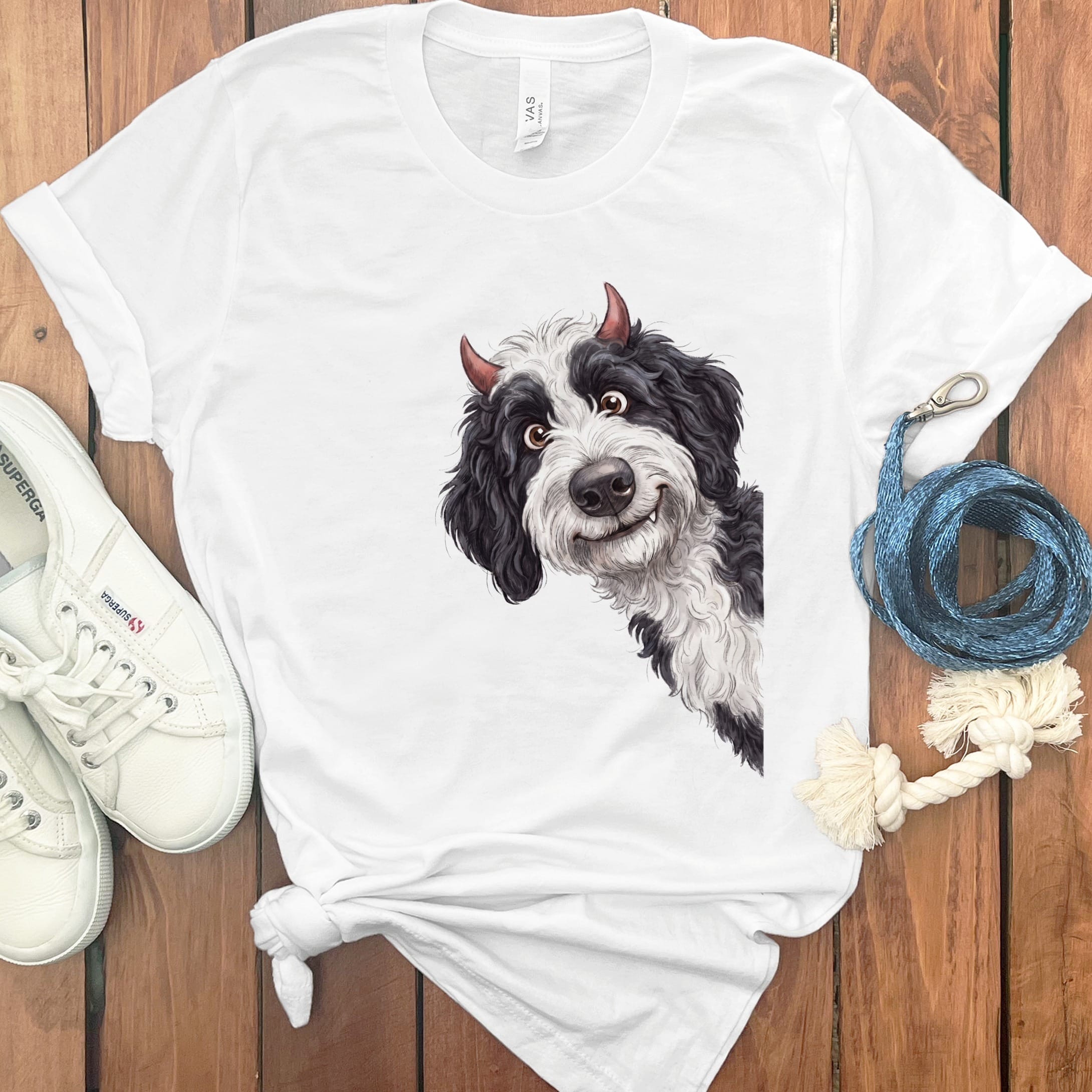 Devil Sheepadoodle T-Shirt in White / S by Puppy Jo