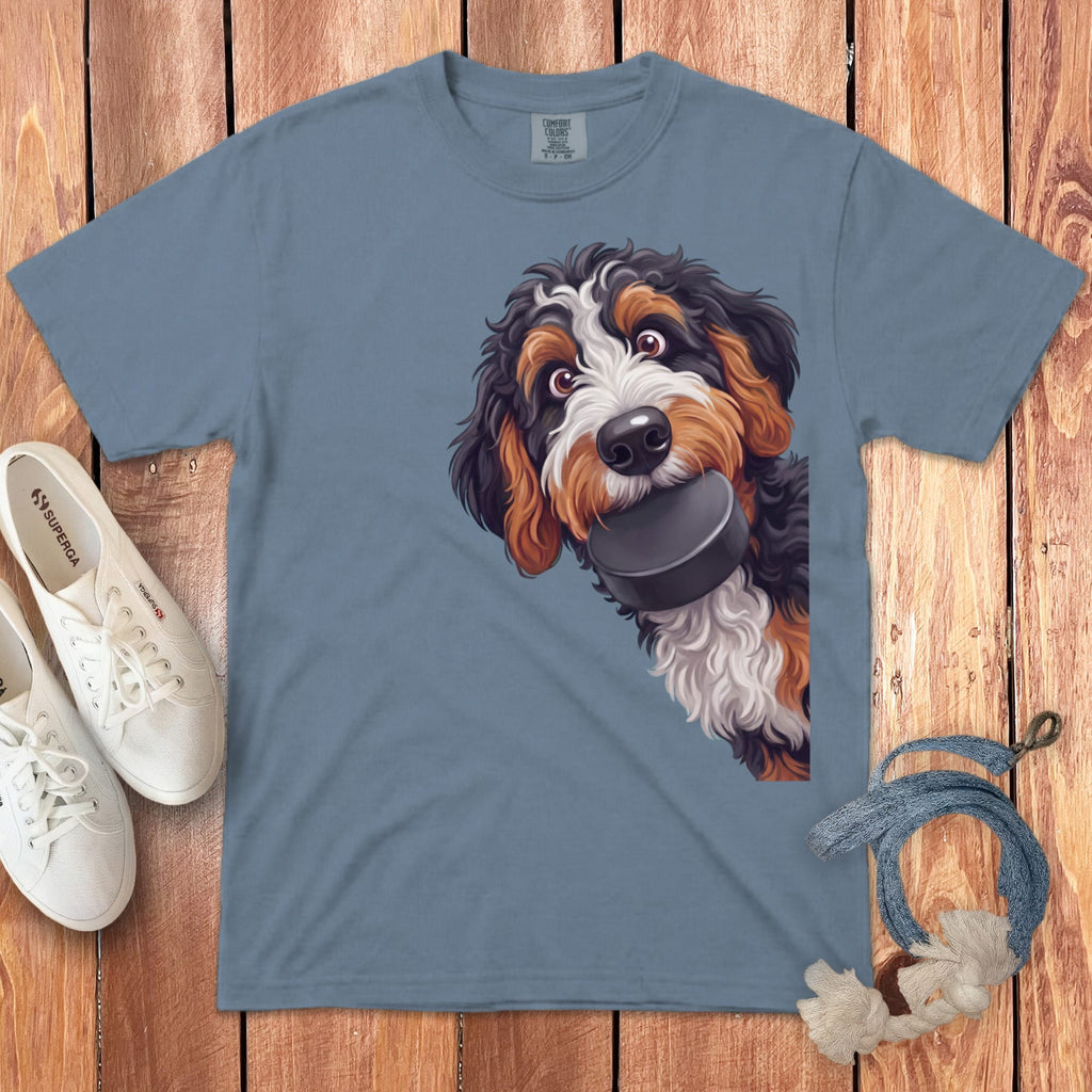Bernedoodle Hockey Puck Signature T-Shirt in Blue Jean / S by Puppy Jo