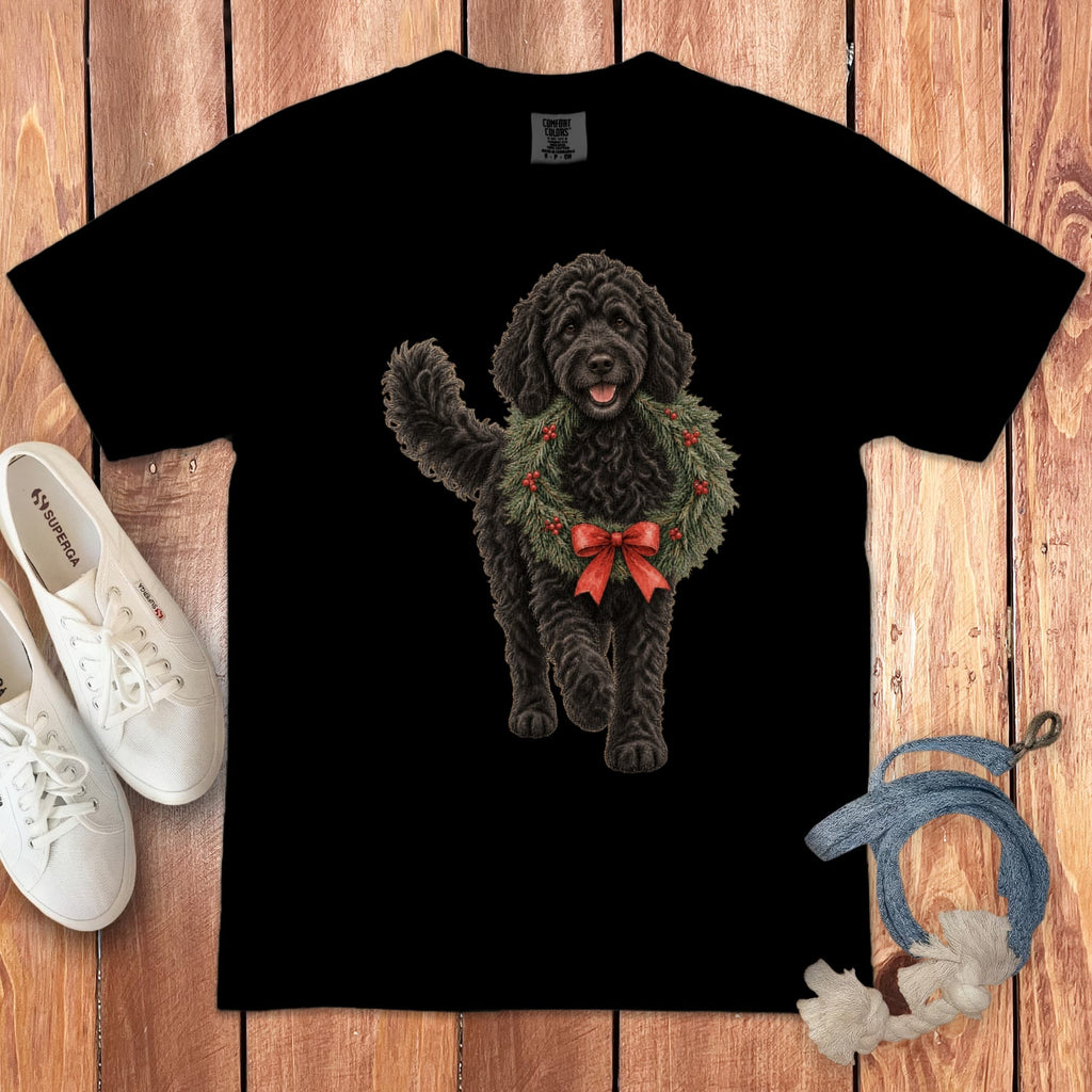 Black Goldendoodle Wreath Signature T-Shirt in Black / S by Puppy Jo