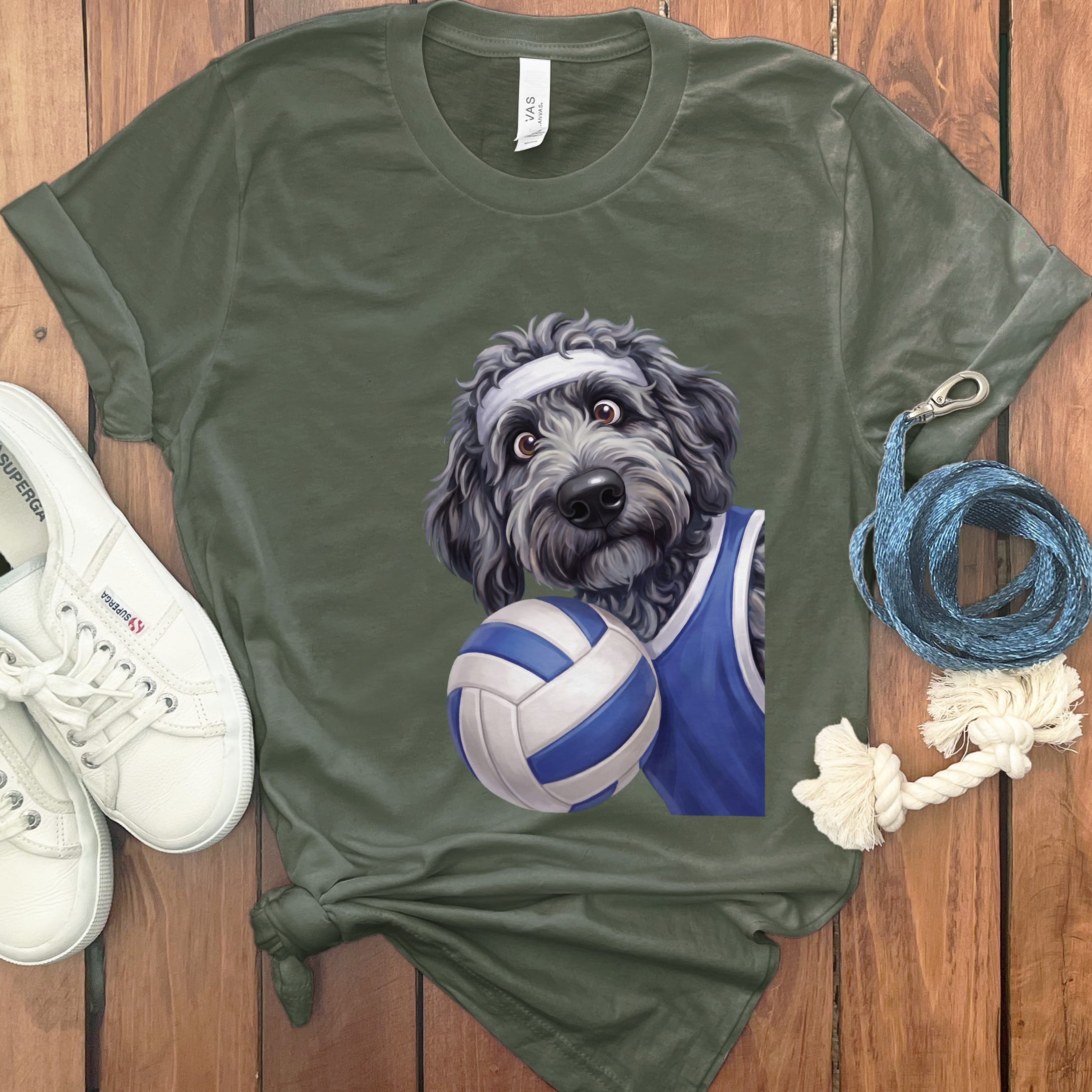 Merle Goldendoodle Volleyball Player T-Shirt in Military Green / S by Puppy Jo