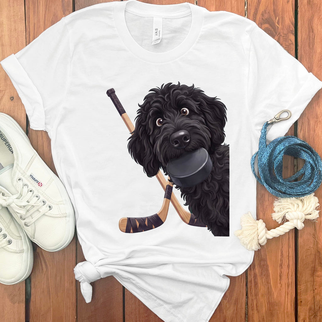 Black Goldendoodle Hockey T-Shirt in White / S by Puppy Jo