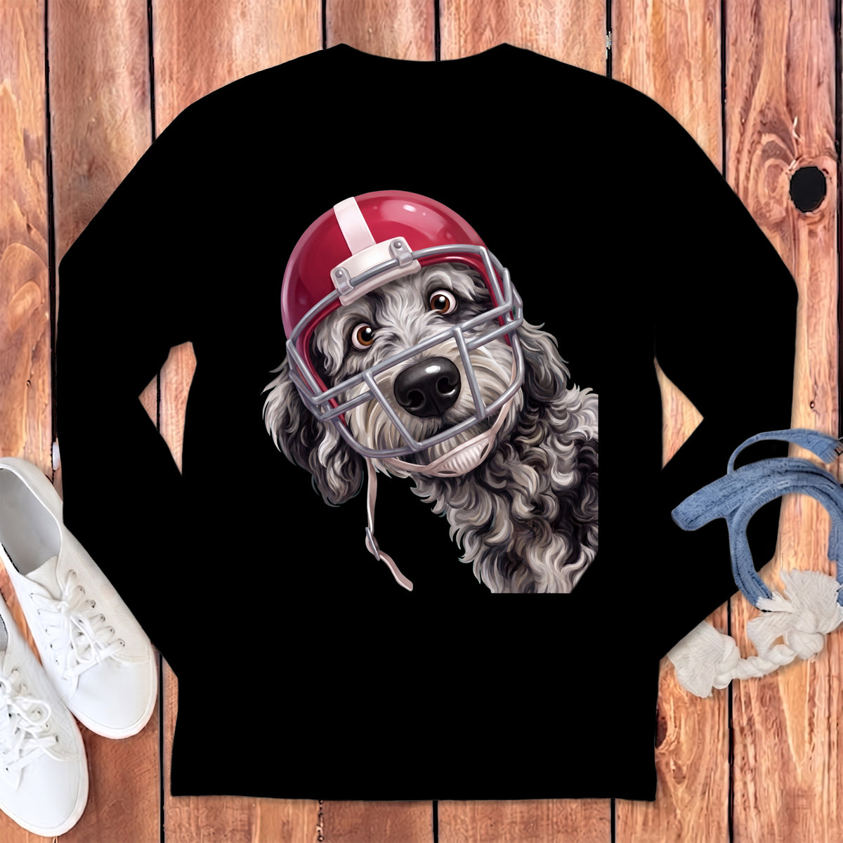 Black long-sleeve shirt with a doodle wearing a red football helmet and facemask.