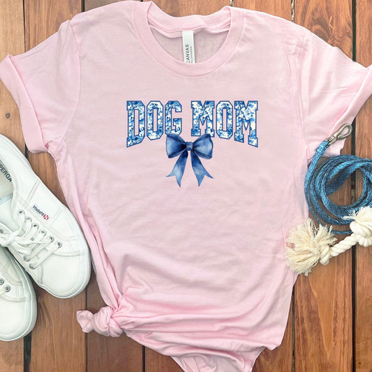 Dog Mom T-Shirt with Blue Bow Graphic product type