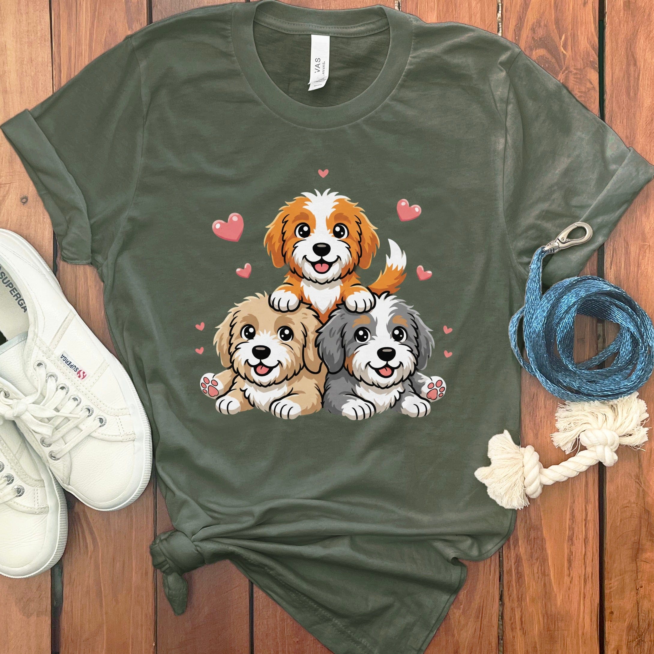 Doodle Hearts T-Shirt in Military Green / S by Puppy Jo