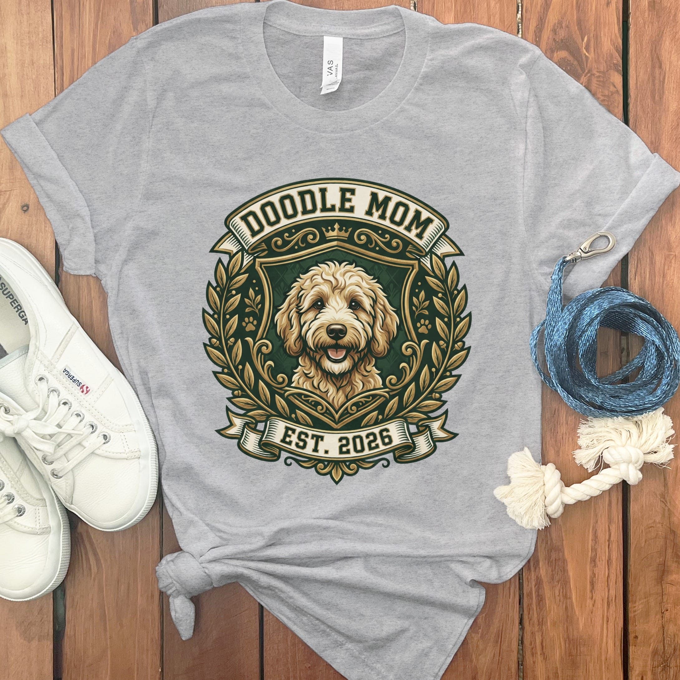 Doodle Mom Crest T-Shirt in Athletic Heather / S by Puppy Jo