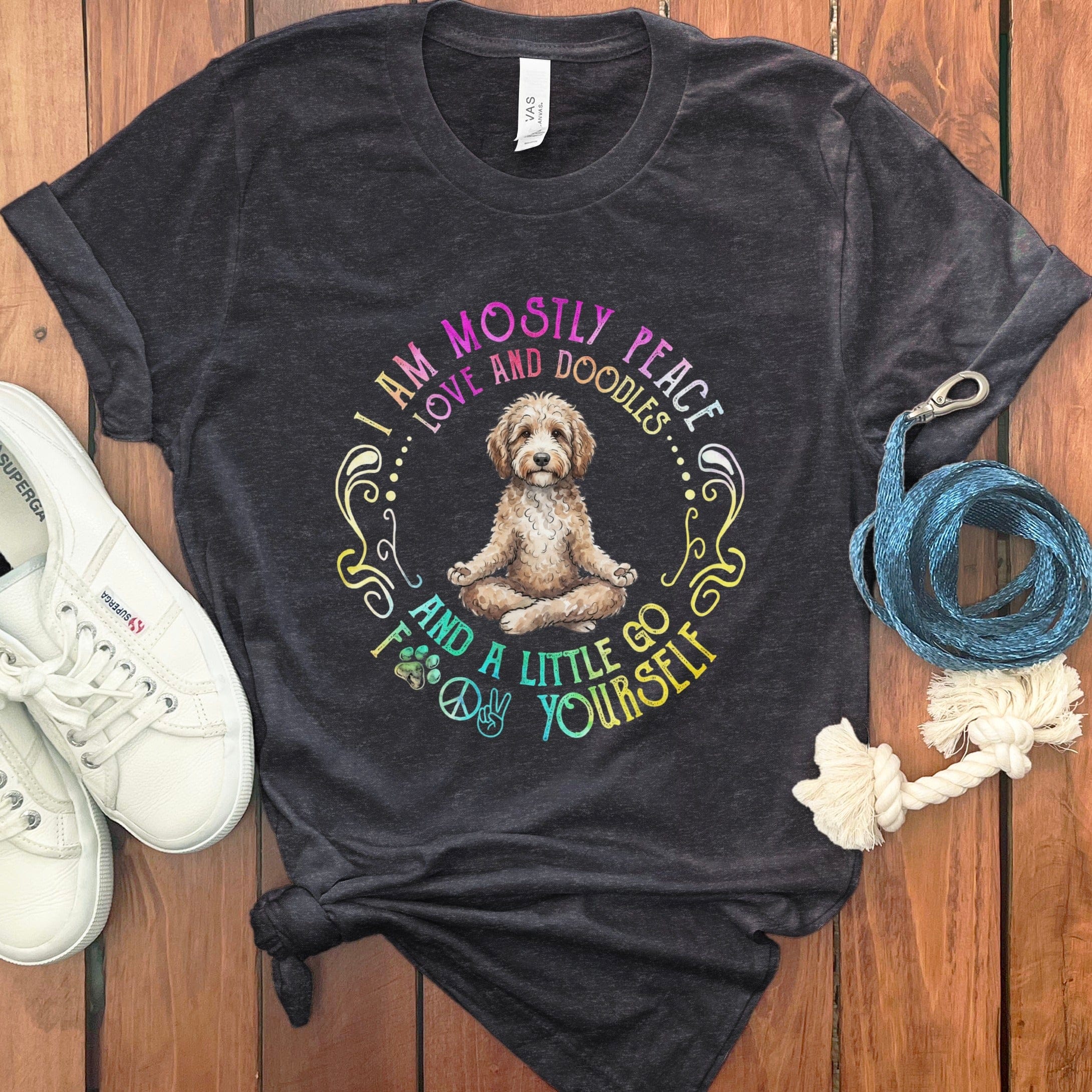 Doodle Peaceful Yoga T-Shirt in Dark Grey Heather / S by Puppy Jo