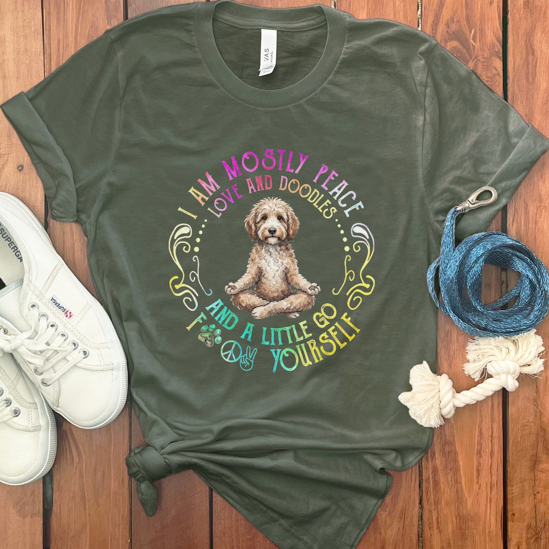 Doodle Peaceful Yoga T-Shirt in Military Green / S by Puppy Jo