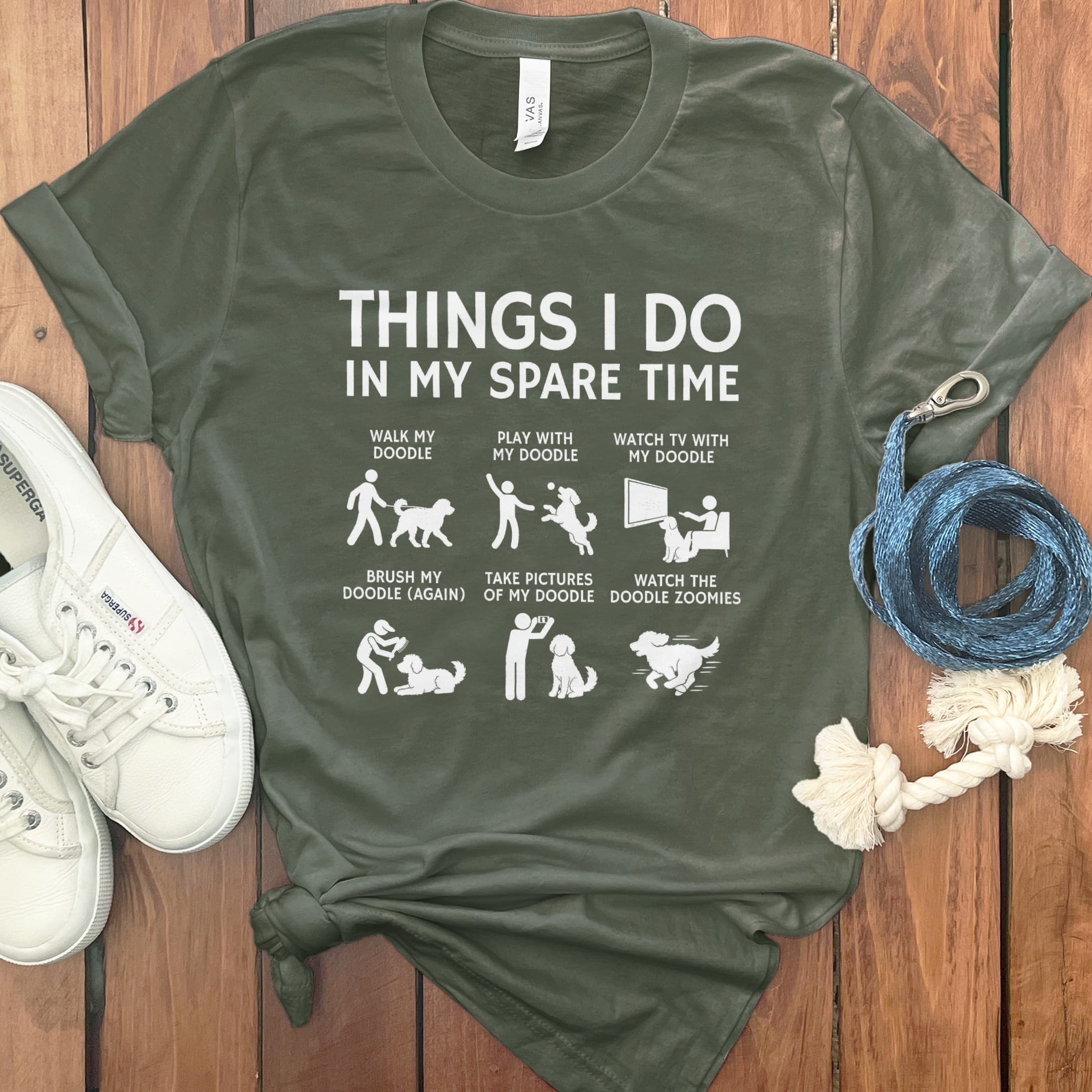 Doodle Spare Time T-Shirt in Military Green / S by Puppy Jo