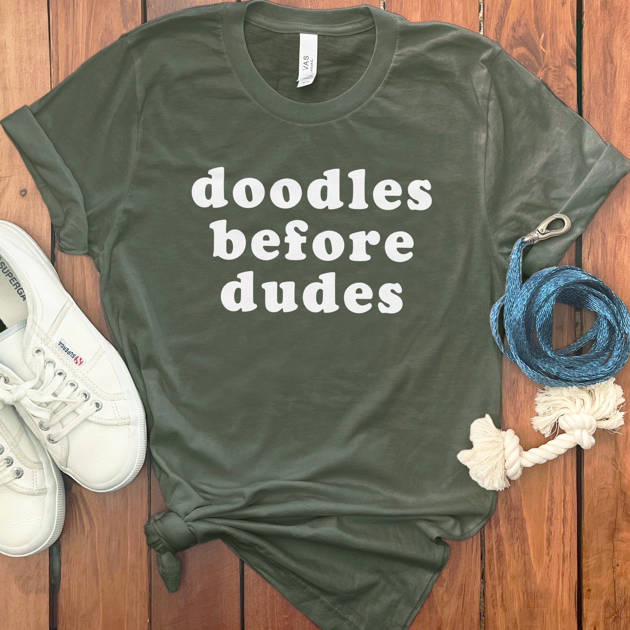 Doodles Before Dudes T-Shirt in Military Green / S by Puppy Jo