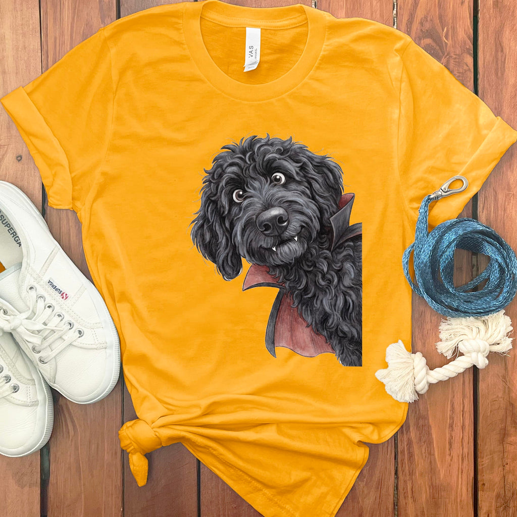 Dracula Black Goldendoodle T-Shirt in Gold / M by Puppy Jo