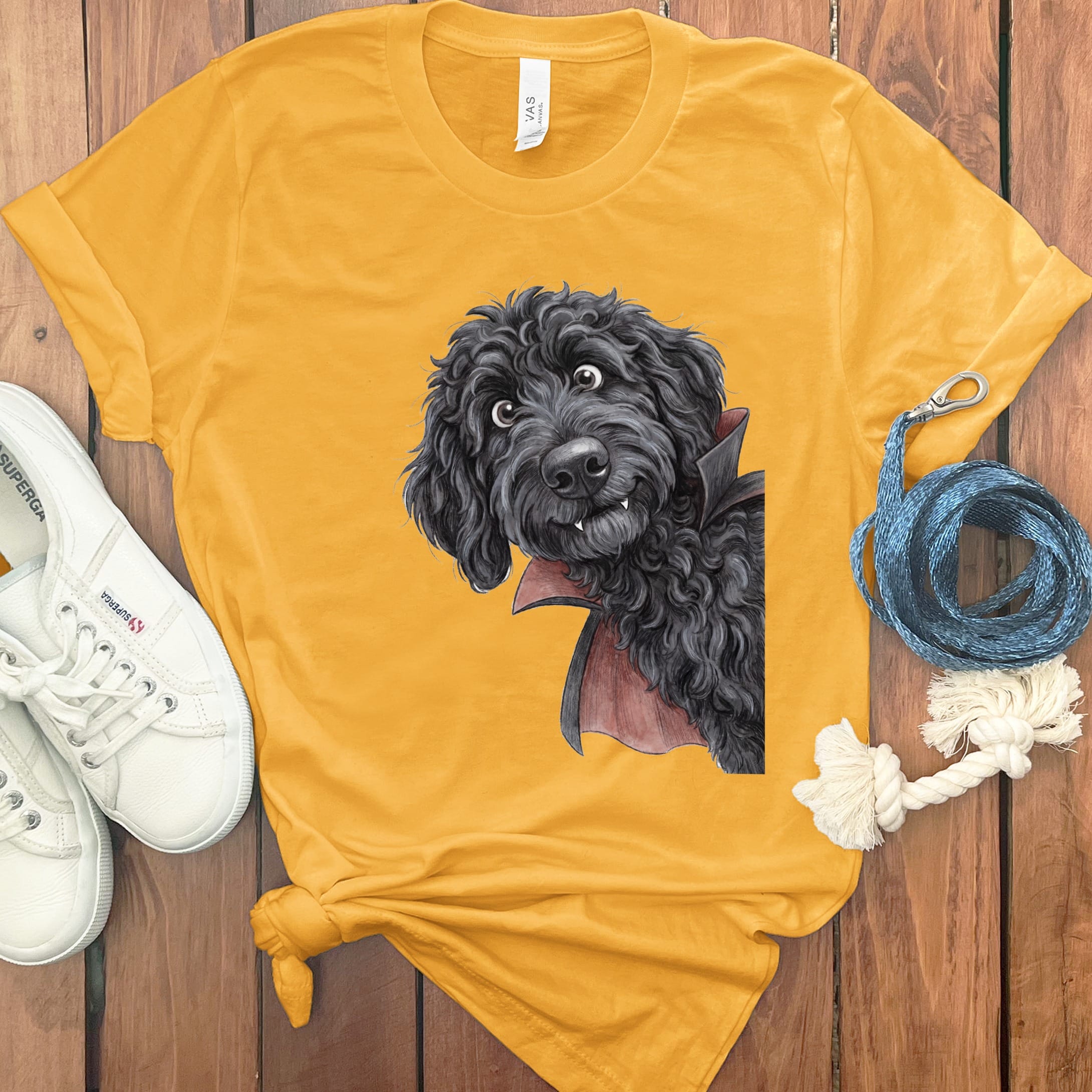 Dracula Black Goldendoodle T-Shirt in Gold / M by Puppy Jo