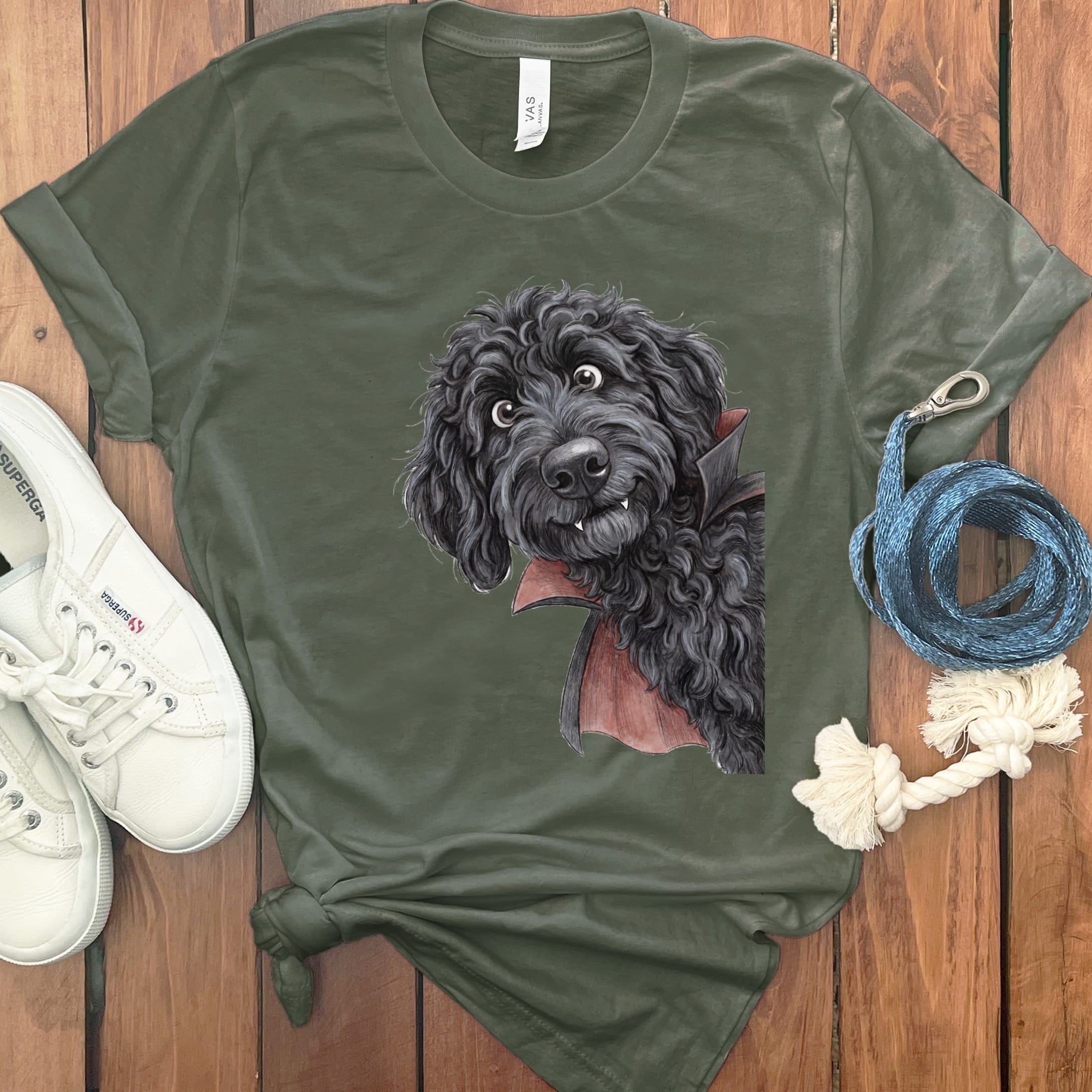 Dracula Black Goldendoodle T-Shirt in Military Green / M by Puppy Jo
