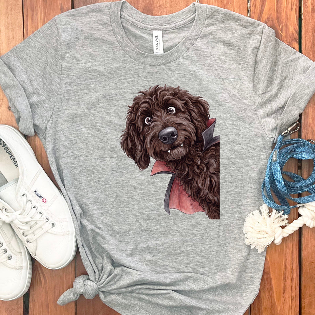 Dracula Chocolate Goldendoodle T-Shirt in S / Athletic Heather by Puppy Jo
