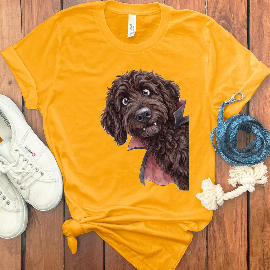 Dracula Chocolate Goldendoodle T-Shirt in S / Gold by Puppy Jo