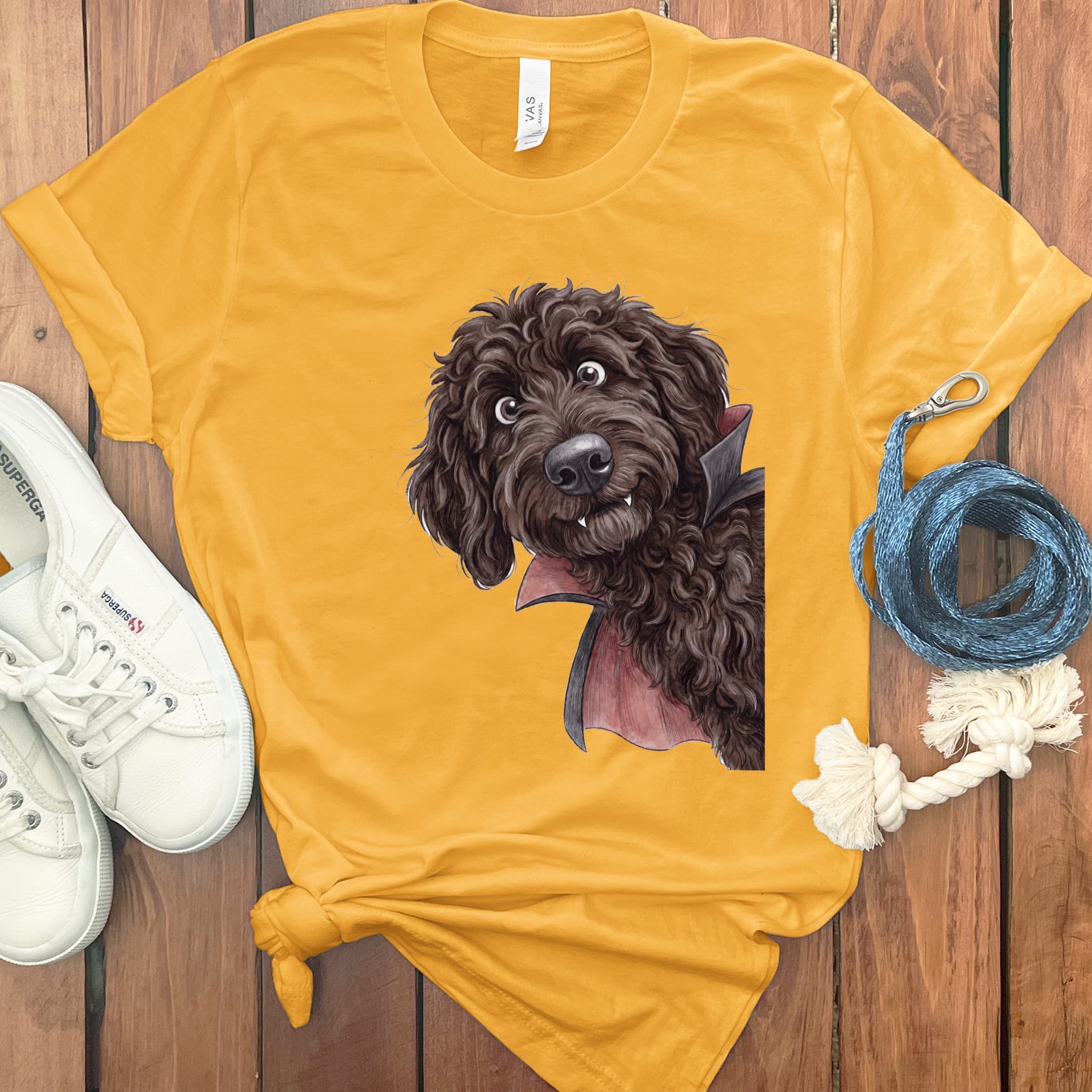 Dracula Chocolate Goldendoodle T-Shirt in S / Gold by Puppy Jo