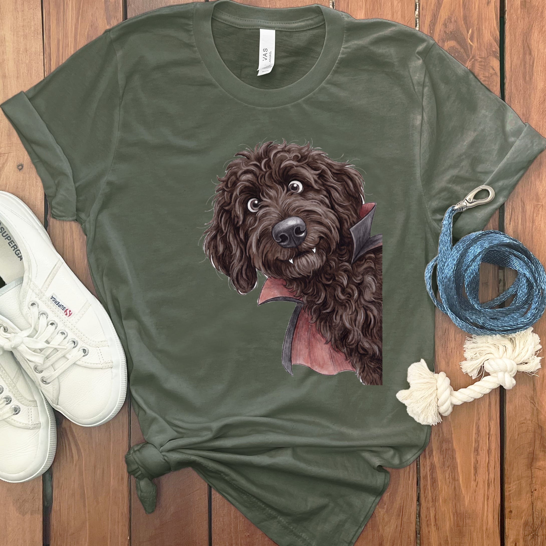 Dracula Chocolate Goldendoodle T-Shirt in S / Military Green by Puppy Jo