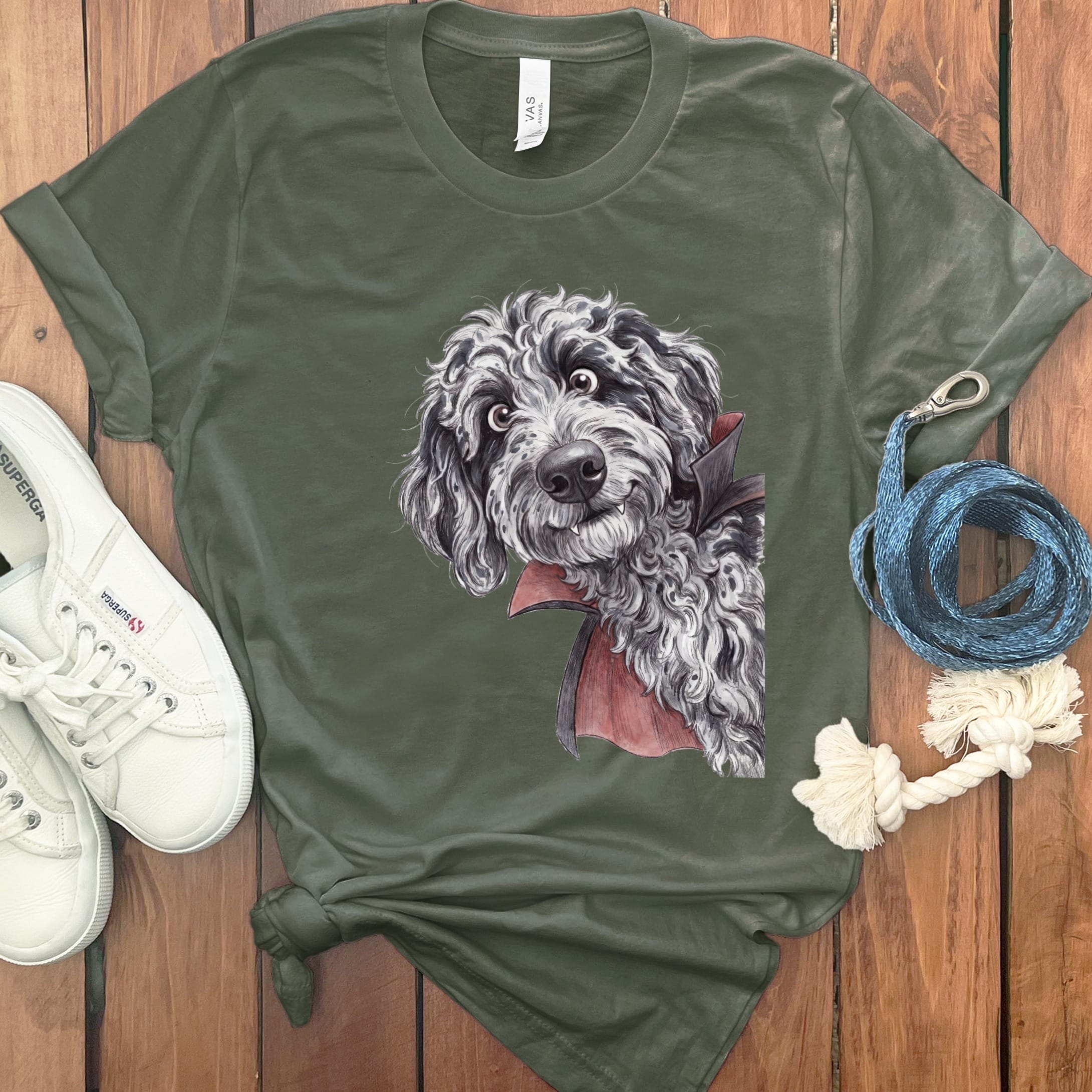 Dracula Merle Goldendoodle T-Shirt in Military Green / S by Puppy Jo