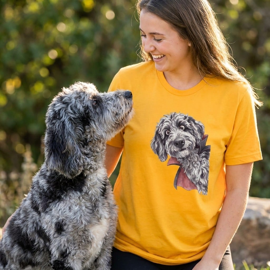 Dracula Merle Goldendoodle T-Shirt in by Puppy Jo