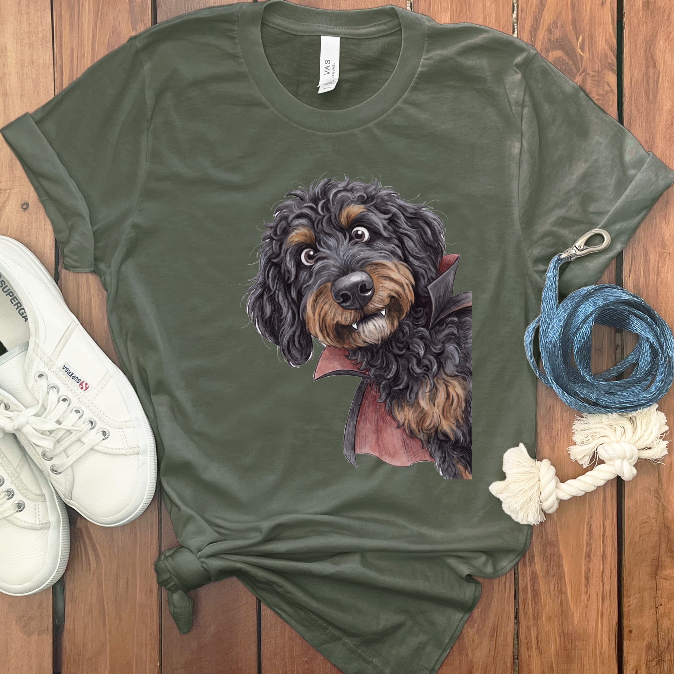 Dracula Phantom Goldendoodle T-Shirt in Military Green / M by Puppy Jo