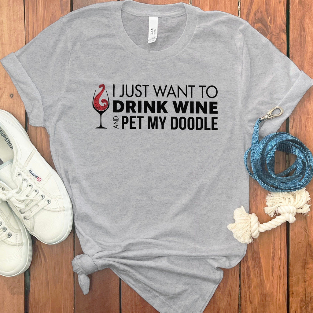Drink Wine Doodle T-Shirt in Athletic Heather / S by Puppy Jo