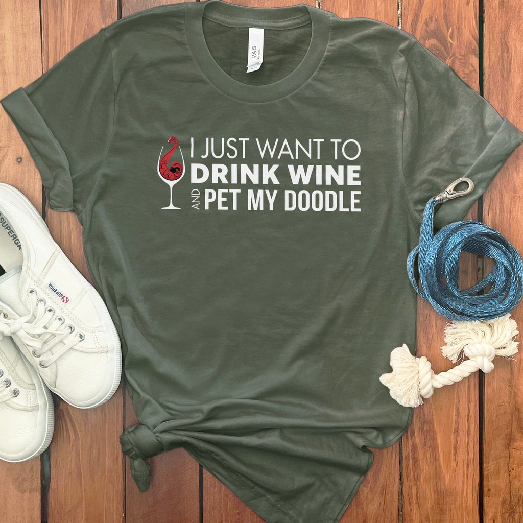 Drink Wine Doodle T-Shirt in Military Green / S by Puppy Jo