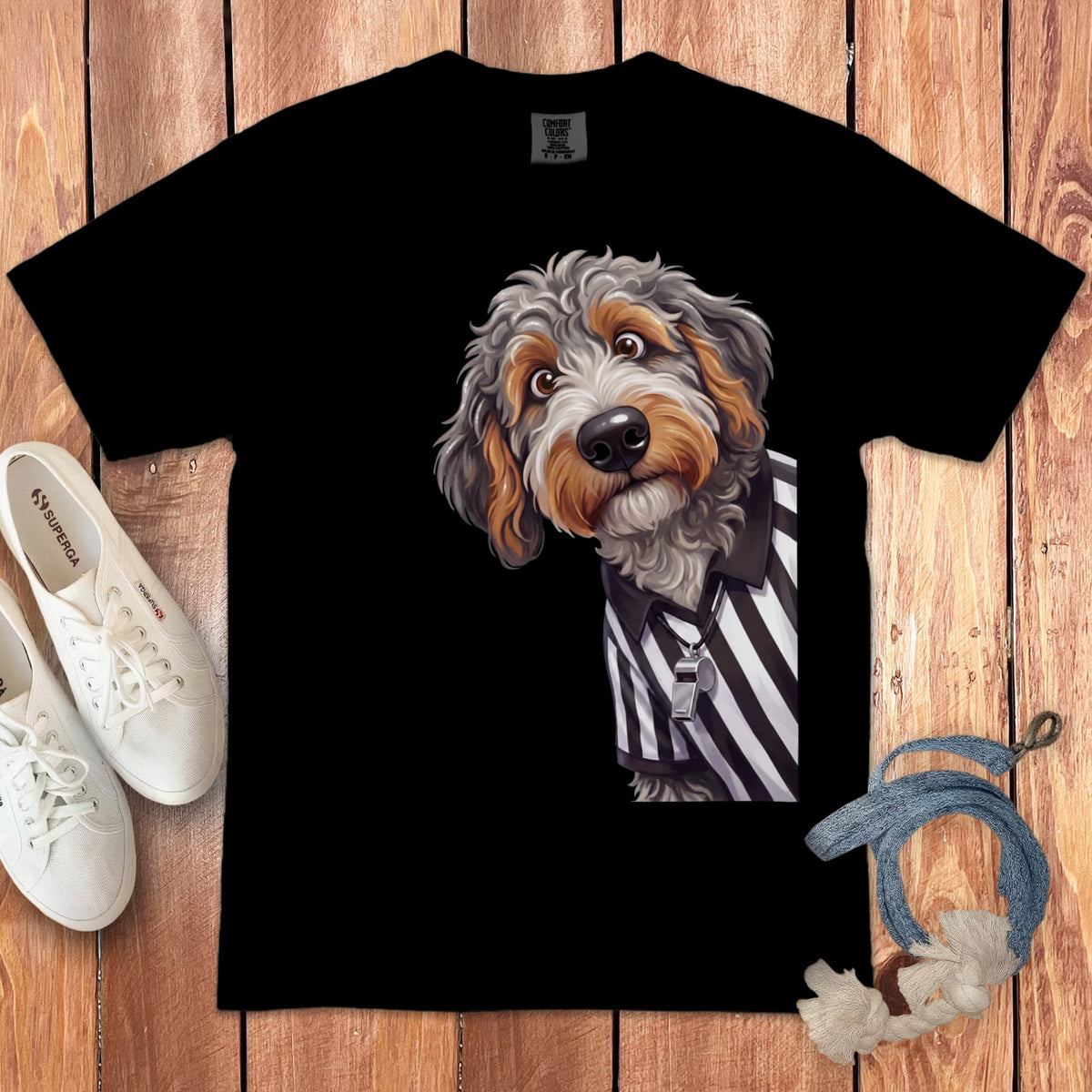 Aussiedoodle Football Referee Signature T-Shirt in Black / S by Puppy Jo