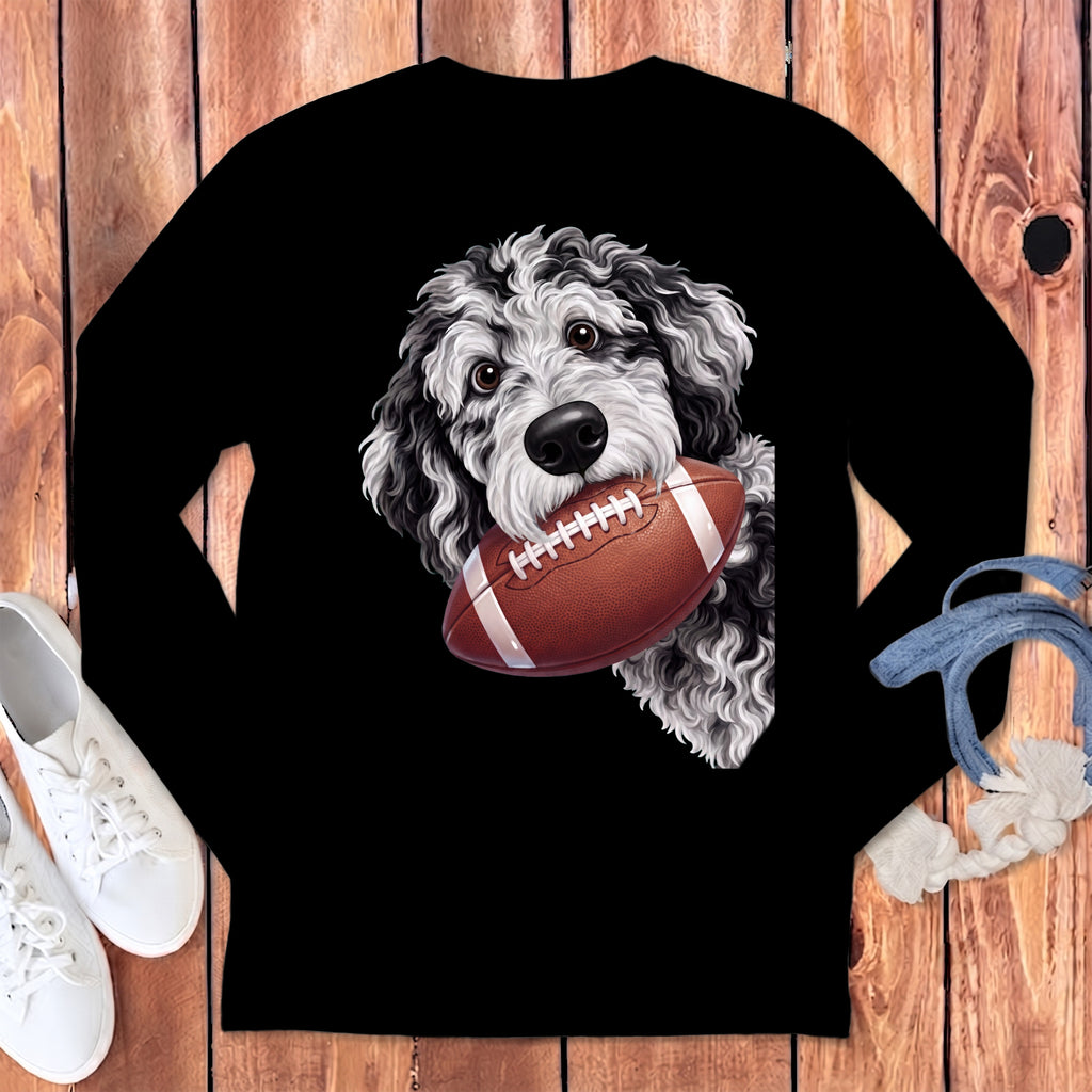 Black long sleeve t-shirt with a doodle dog holding a football.